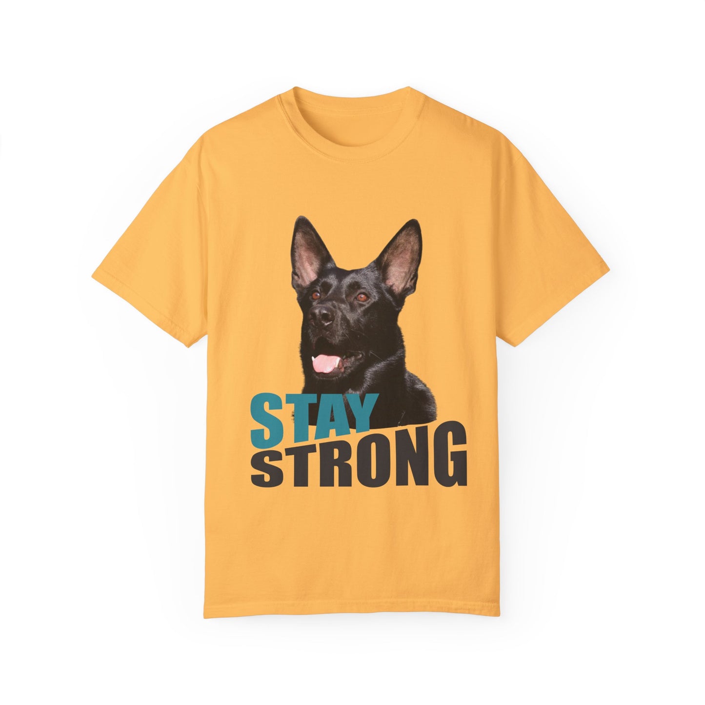 Unisex Dog Lover T-Shirt With Solid Black Working Line German Shepherd Mouth Opened and Caption Stay Strong
