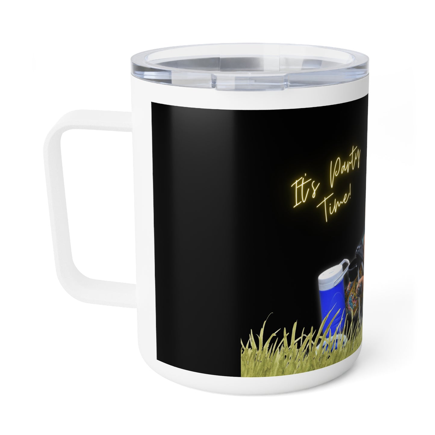 Insulated Stainless Steel Coffee Mug With a German Shepherd Enjoying Picnic On Outdoor Portable Camping Chair