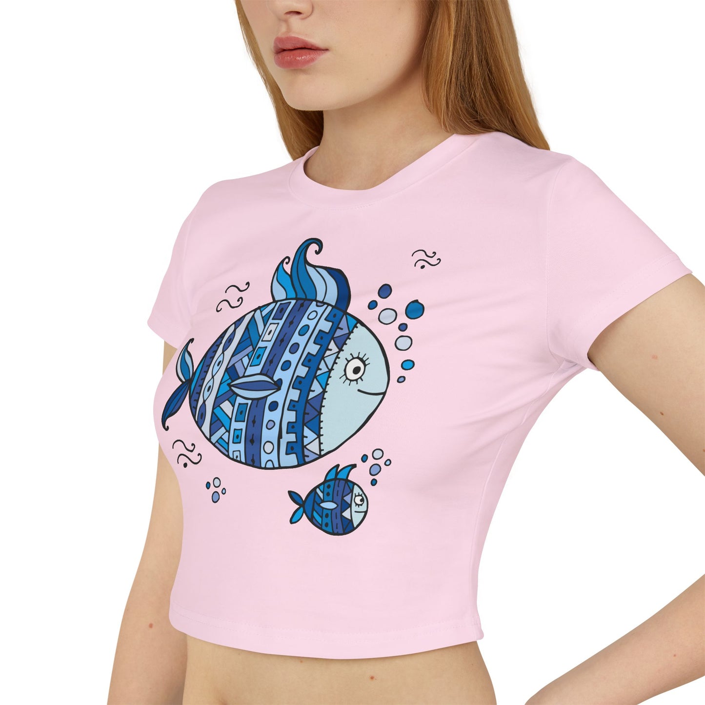 Boho Chic Women's Baby Tee with Blue Fish Design, Cute Summer Top, Fun Gift for Sea Lovers, Aquatic-themed Apparel, Beach Vibes