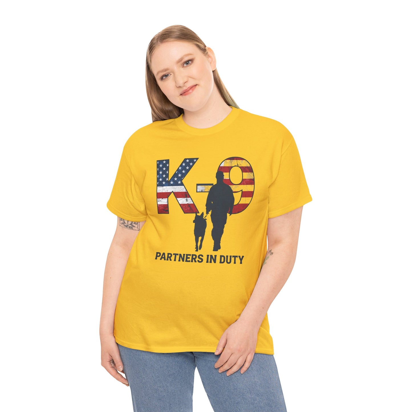 Patriotic K-9 T-Shirt - Partners in Duty Tee | Unisex Heavy Cotton Tee for Dog Lovers, Military Support, Gifts for Dog Handlers