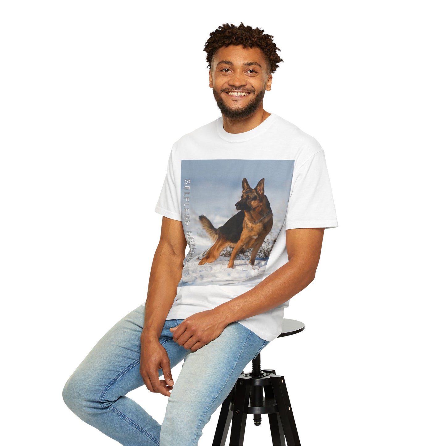 Unisex Dog Lover T-Shirt With a Beautiful German Shepherd Looking at Side Standing on the Snow and Caption Selfless Beings