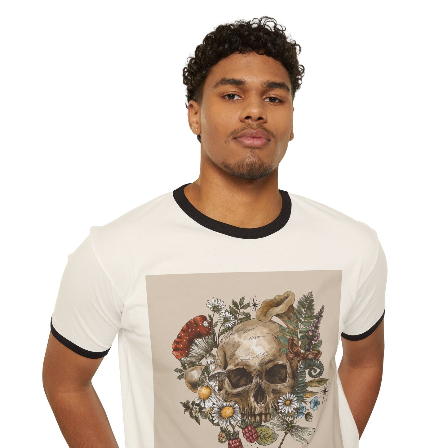 Vintage-Inspired Skull Ringer T-Shirt, Unisex Tee, Boho Style Shirt, Retro Graphic Top, Unique Gift for Halloween, Nature Lovers Apparel