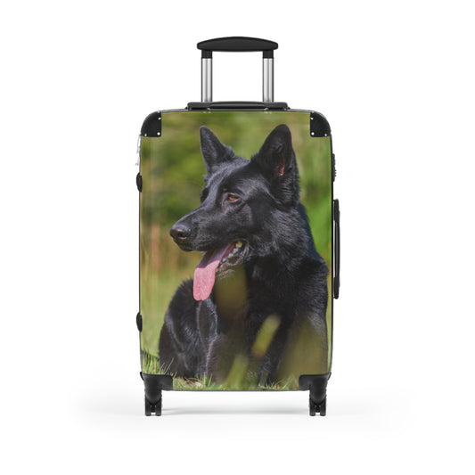 Dog Lovers Suitcase Featuring a Black German Shepherd Resting on Grass Looking Sideways
