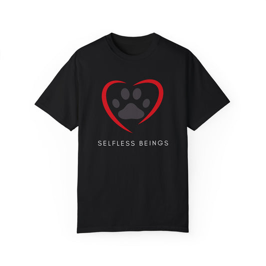 Unisex Dog Lover T-Shirt With Graphic of Curvy Heart Boundaries Contain Dog Paw Print and Caption Selfless Beings Below
