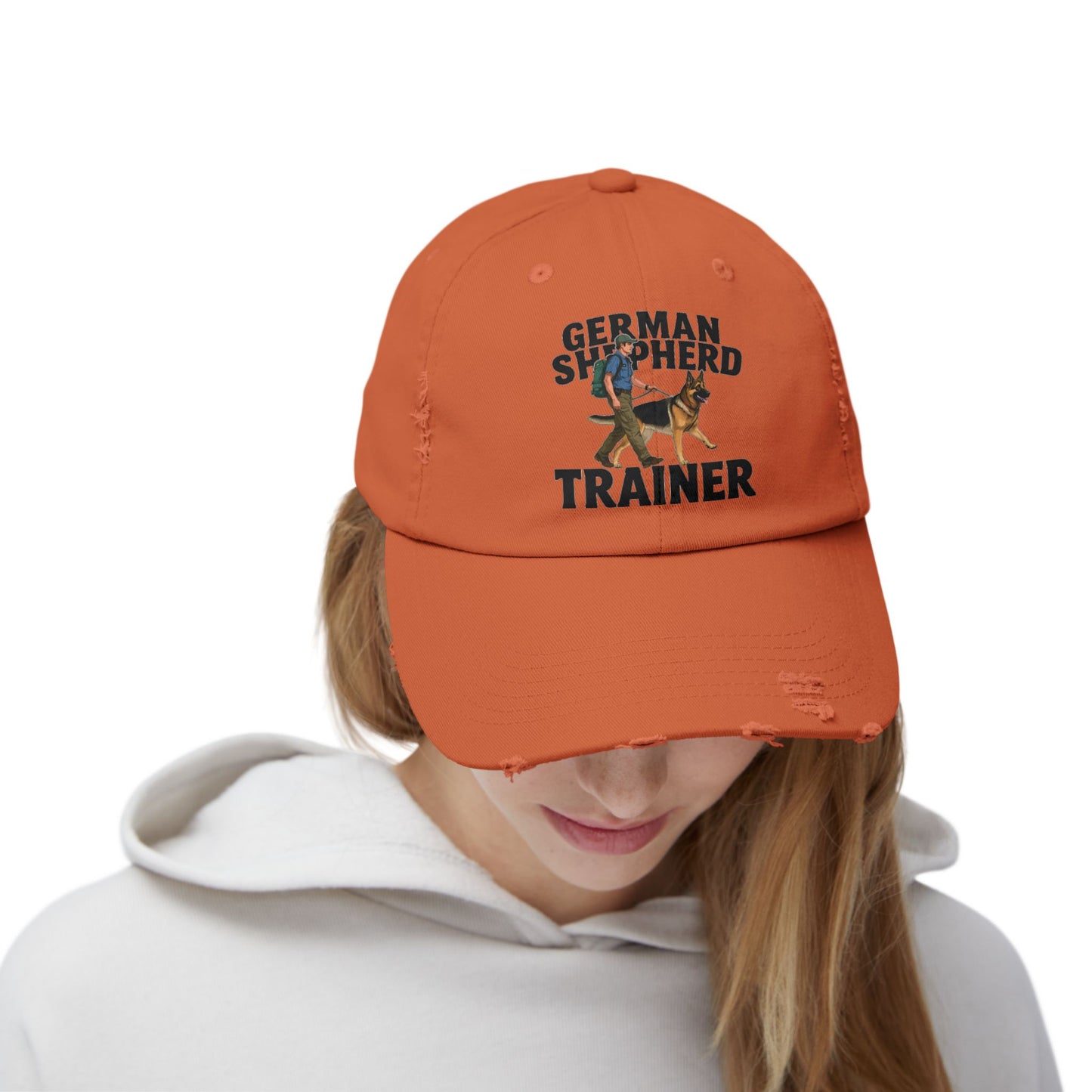 Unisex Distressed Cap Featuring a Trainer Leading German Shepherd, Dog Trainer Gift