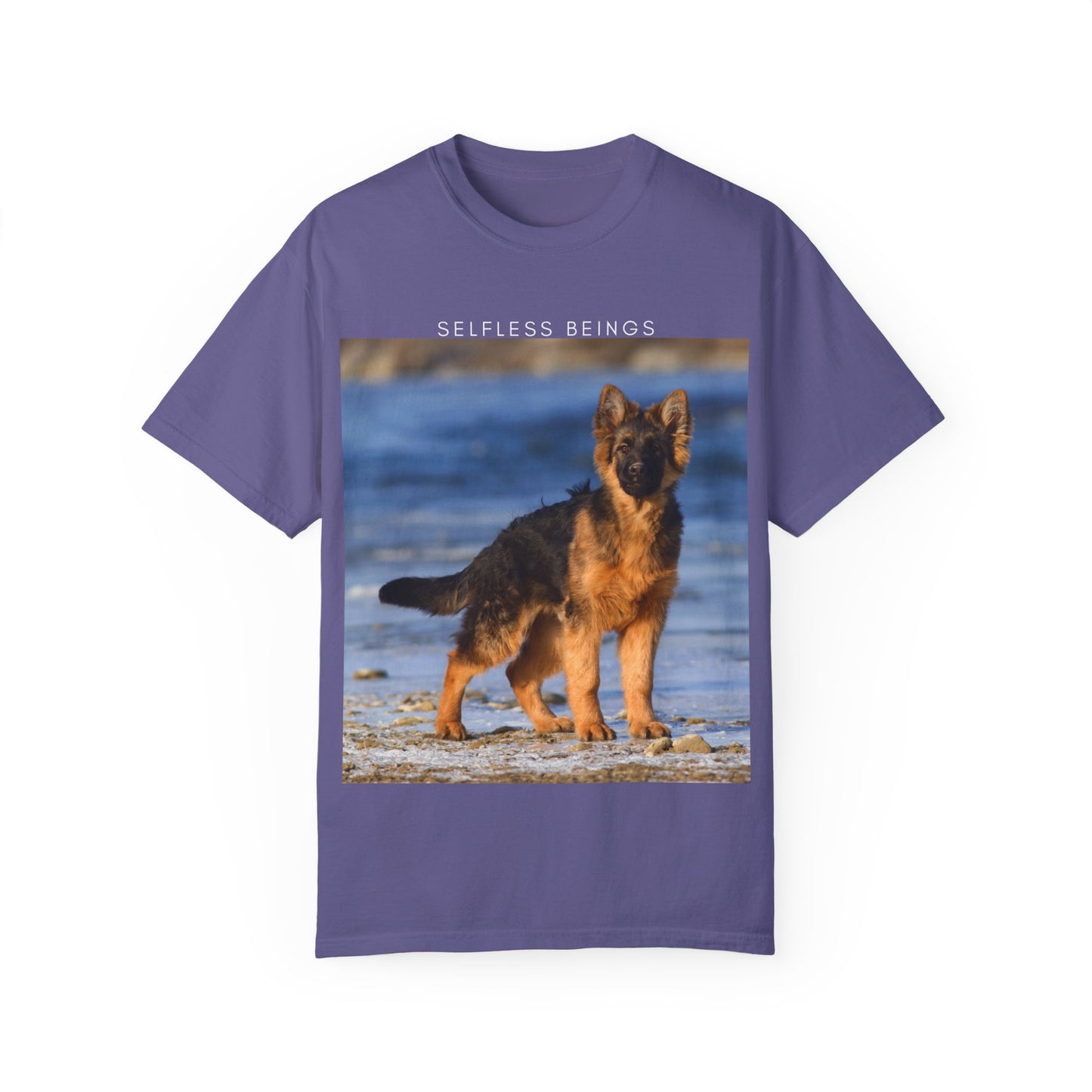 Unisex Dog Lover T-Shirt With German Shepherd Puppy Standing at the Sea Shore and Caption Selfless Beings