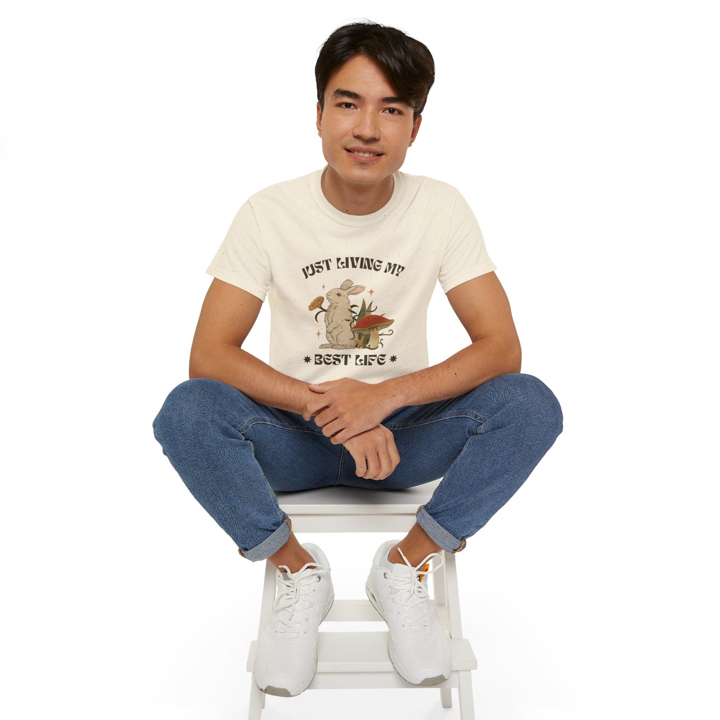 Unisex Ultra Cotton Tee - Just Living My Best Life Bunny Design, Cute Rabbit Shirt, Gift for Animal Lovers, Spring Fashion