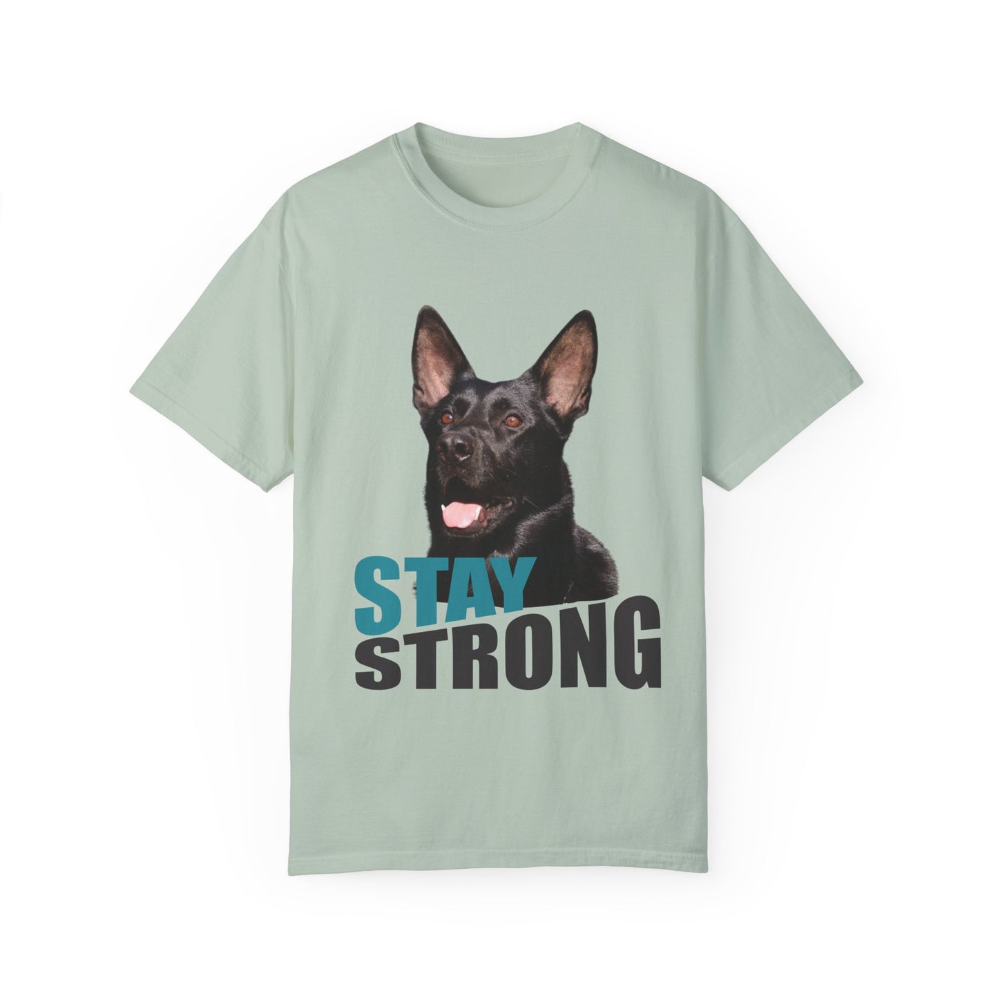 Unisex Dog Lover T-Shirt With Solid Black Working Line German Shepherd Mouth Opened and Caption Stay Strong