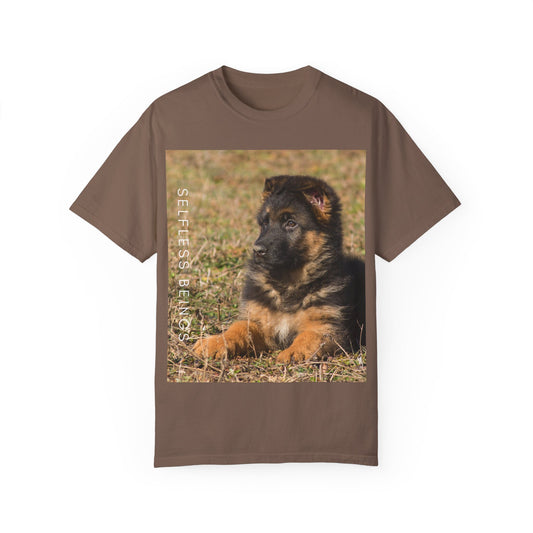 Unisex Dog Lover T-Shirt With Beautiful German Shepherd Puppy Resting On the Grass and Caption Selfless Beings