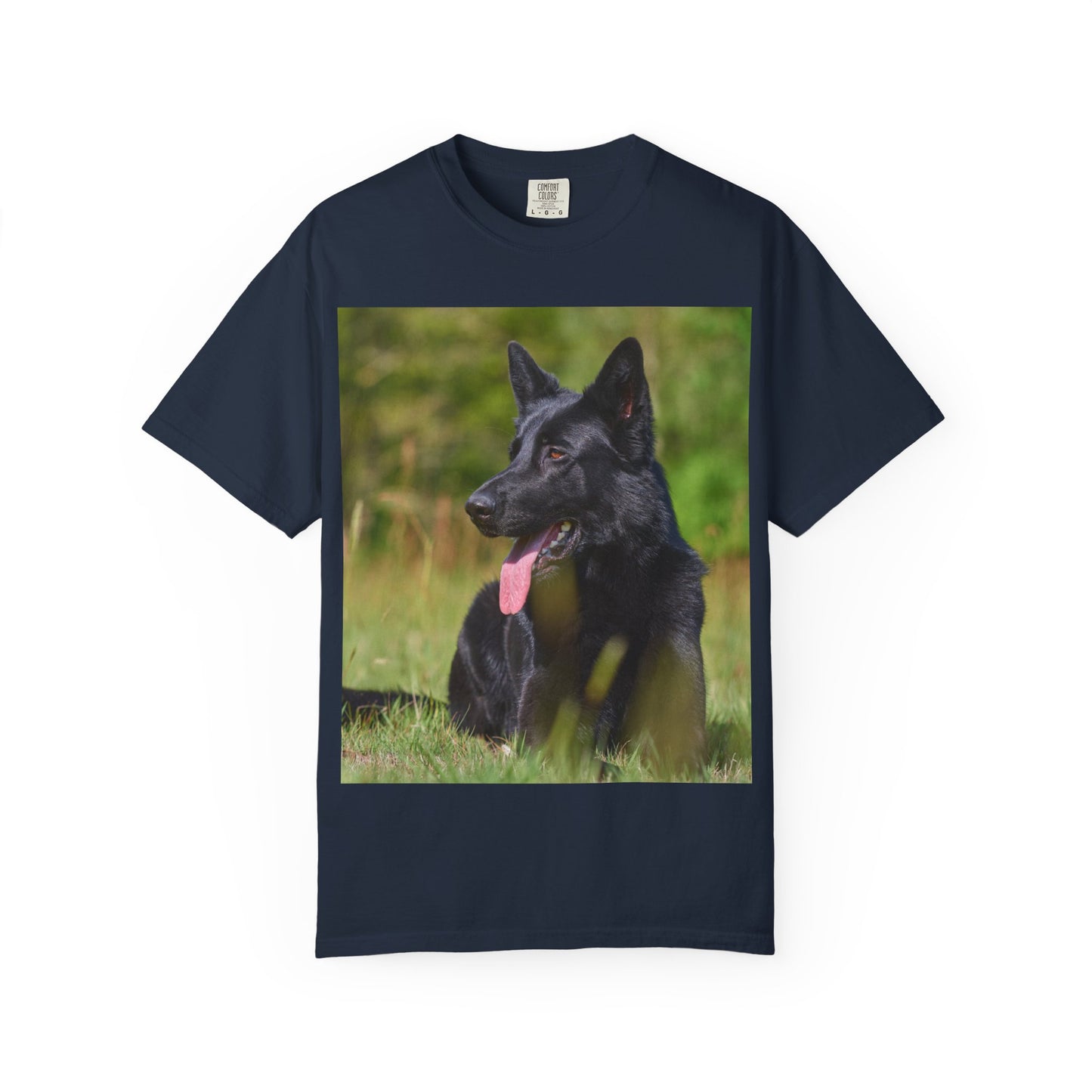 Unisex Garment-Dyed T-Shirt Featuring a Black German Shepherd Resting on Grass Looking Sideways