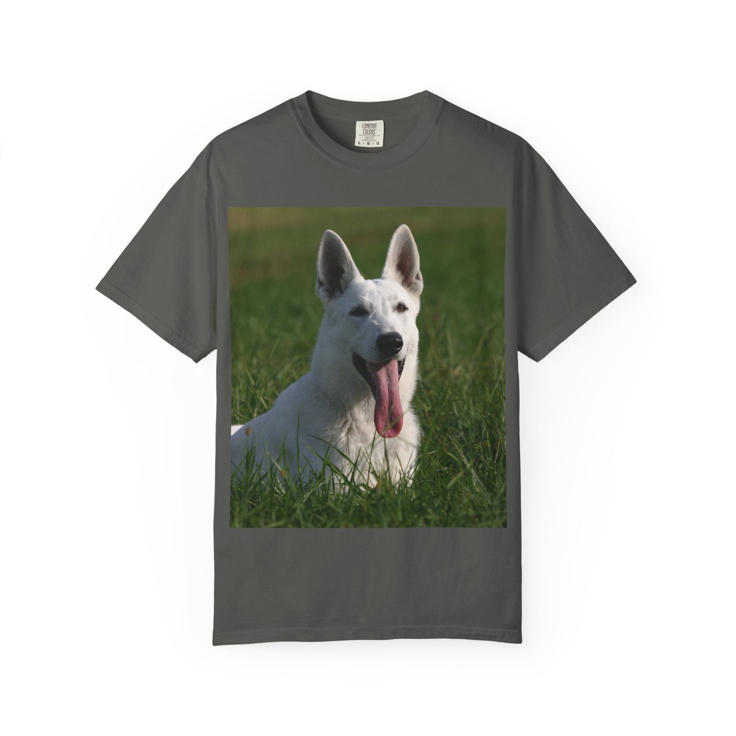 Unisex Dog Lover T-Shirt Featuring White German Shepherd Resting On Green Grass Leaving Tongue Out