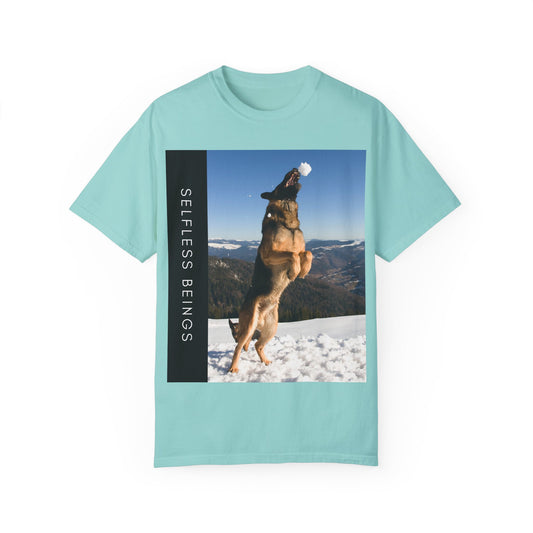 Unisex Dog Lover T-Shirt With a German Shepherd Jumps Upward to Catch a Small Snowball With Mouth and Caption Selfless Beings