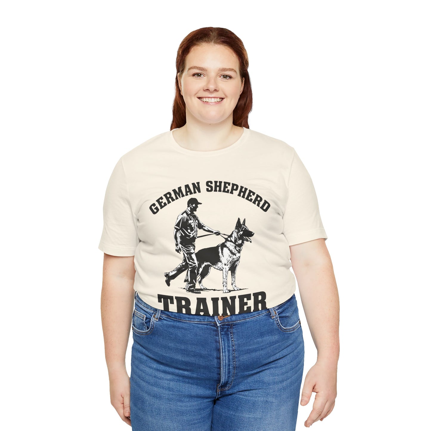 German Shepherd Trainer Tee - Black and White Design of Man Holding a German Shepherd