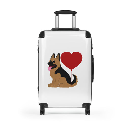 Dog Lover's Suitcase Featuring Graphic of a German Shepherd Puppy and Heart Shaped Balloon Attached to Tail