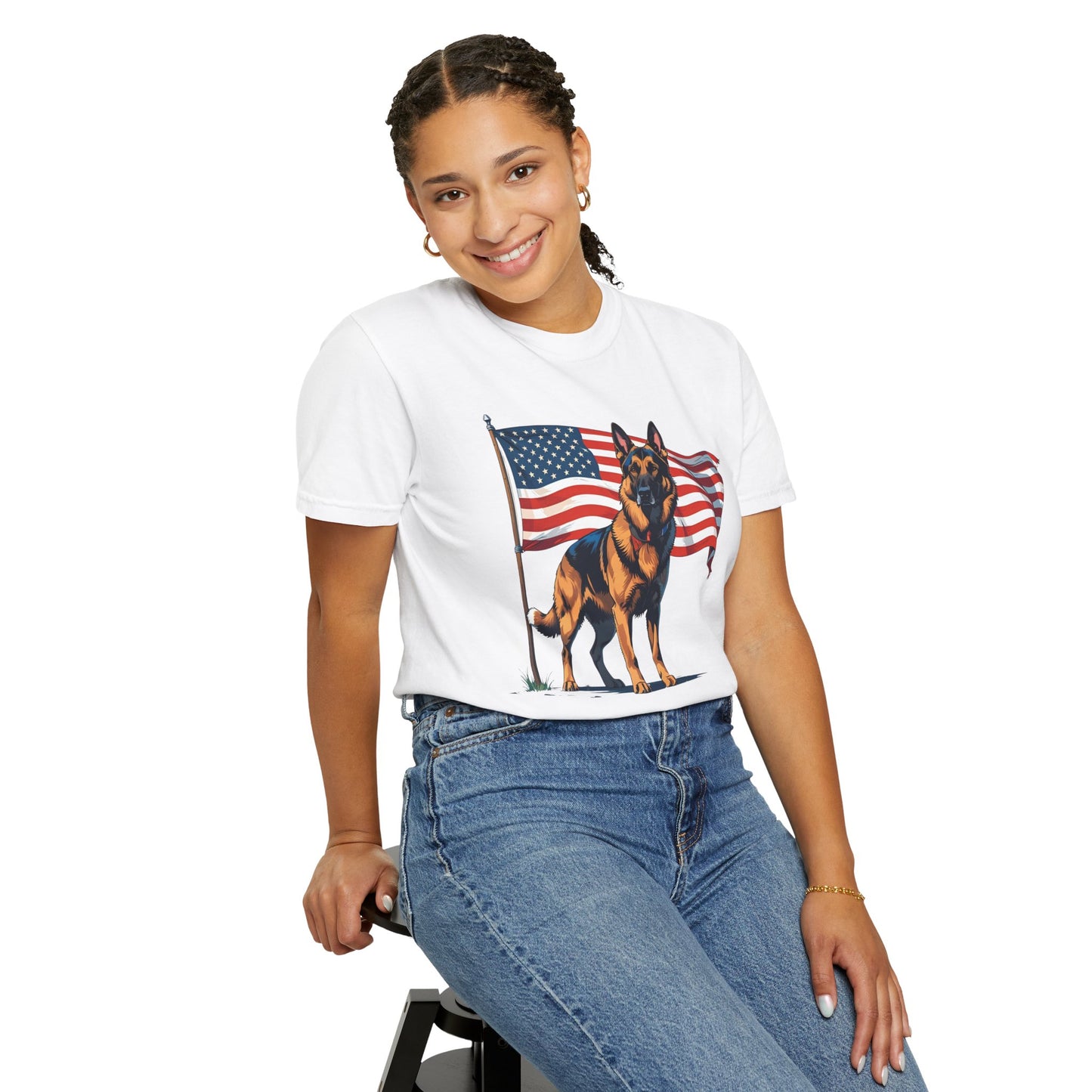 Patriotic German Shepherd Dog T-Shirt, Unisex Garment-Dyed Tee, Dog Lover Gift, US Independence Day Apparel, Casual Wear for Pet Lovers