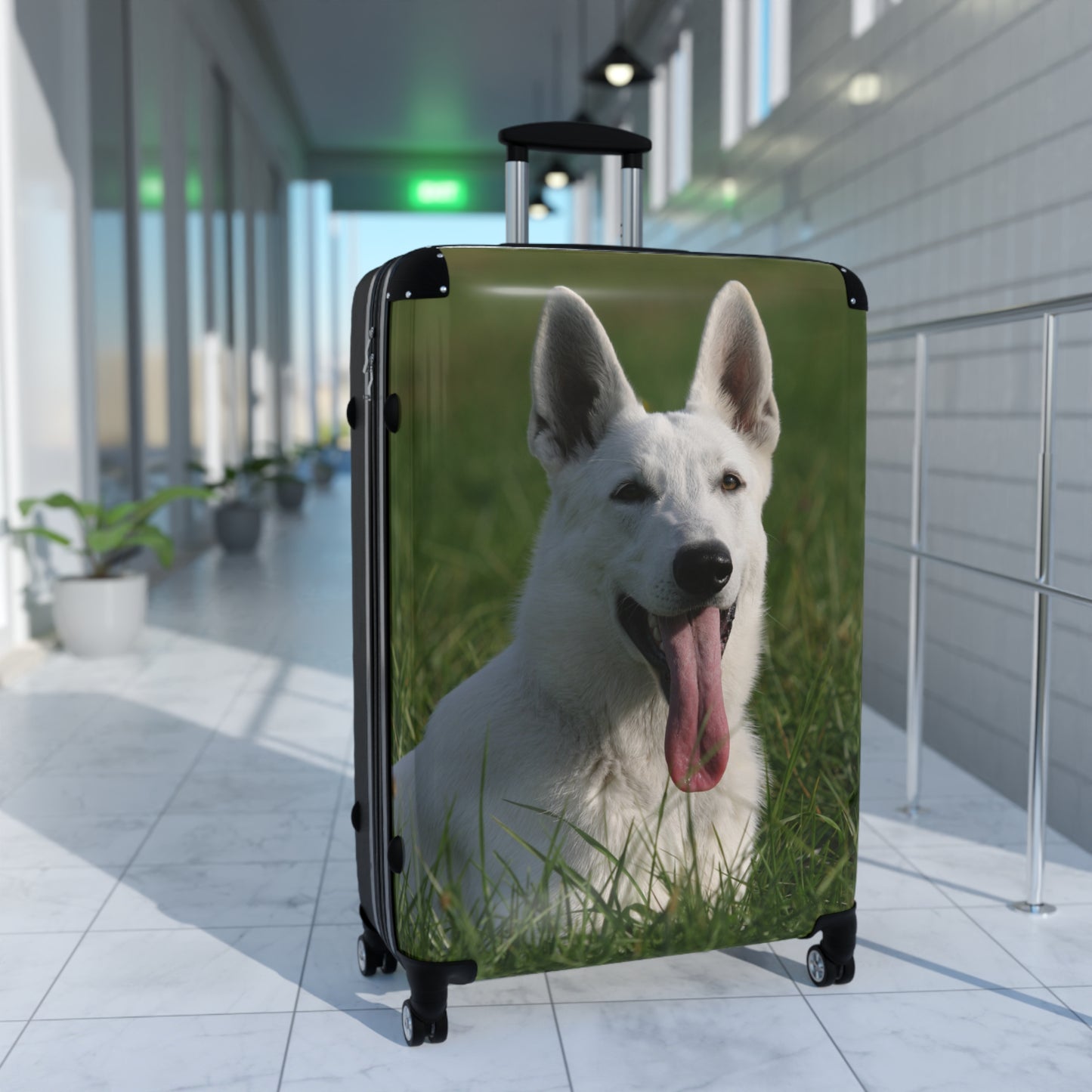 Dog Lovers Suitcase Featuring a White German Shepherd Resting On Grass Leaving Tongue Out