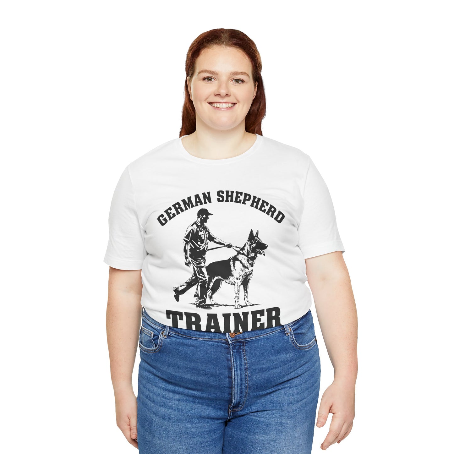 German Shepherd Trainer Tee - Black and White Design of Man Holding a German Shepherd