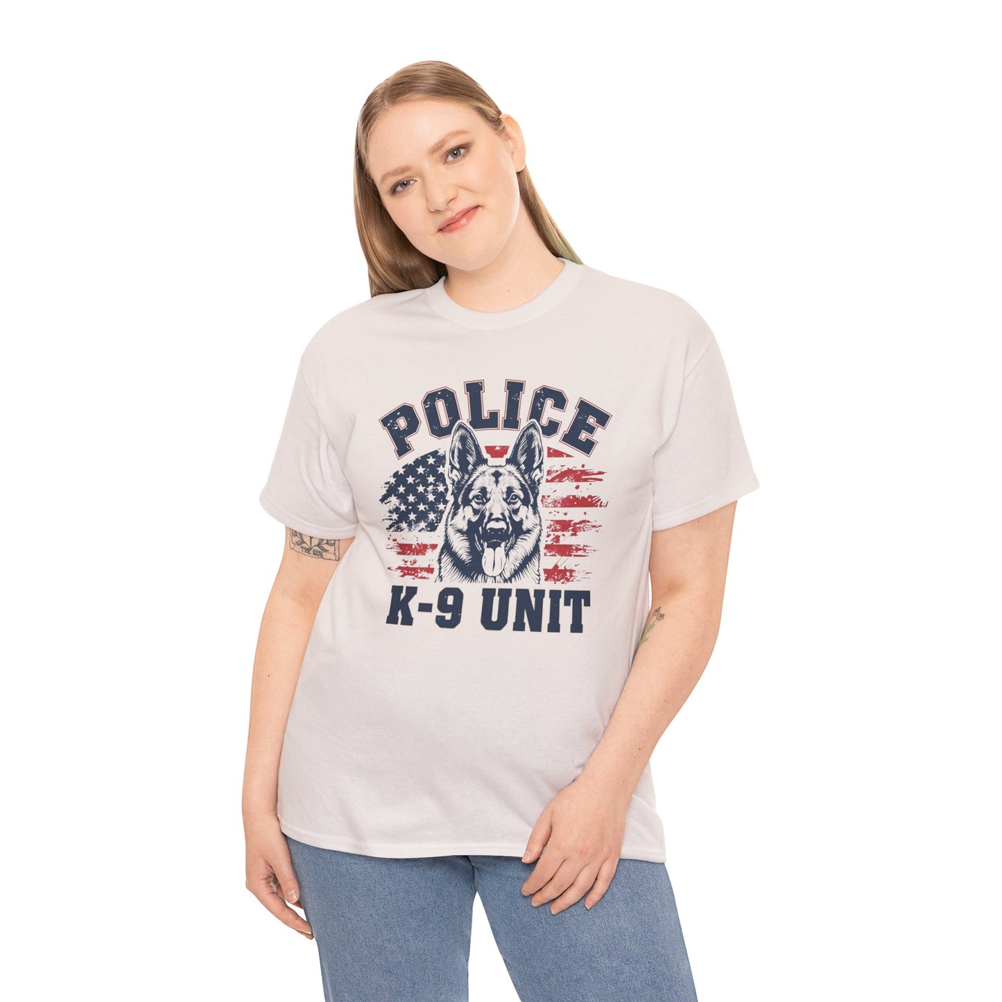 Patriotic Police K-9 Unit T-Shirt With American Flag in Background, Unisex Heavy Cotton Tee