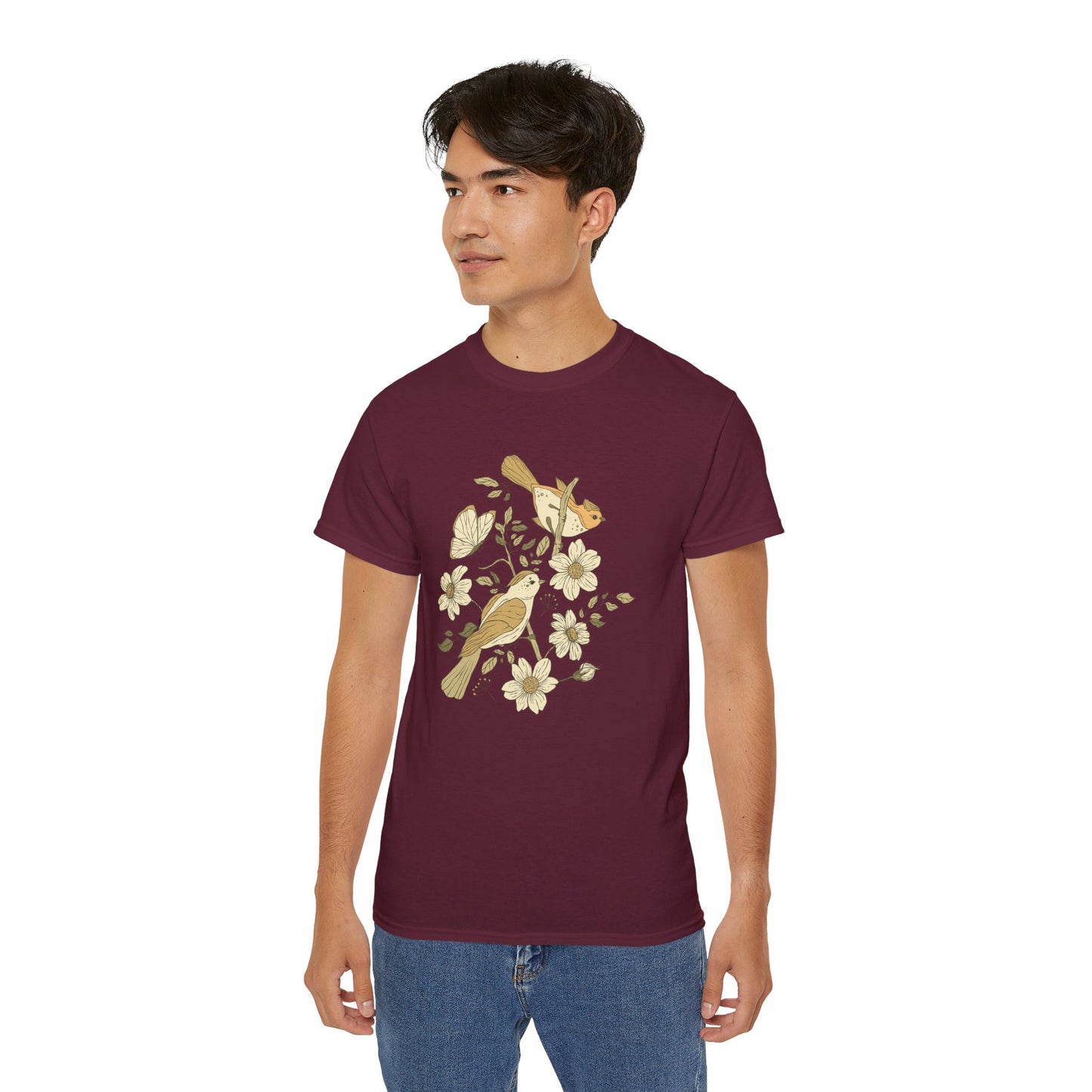 Nature-Inspired Unisex Tee, Floral Bird Print T-Shirt, Gift for Nature Lovers, Spring Fashion, Eco-Friendly Casual Wear