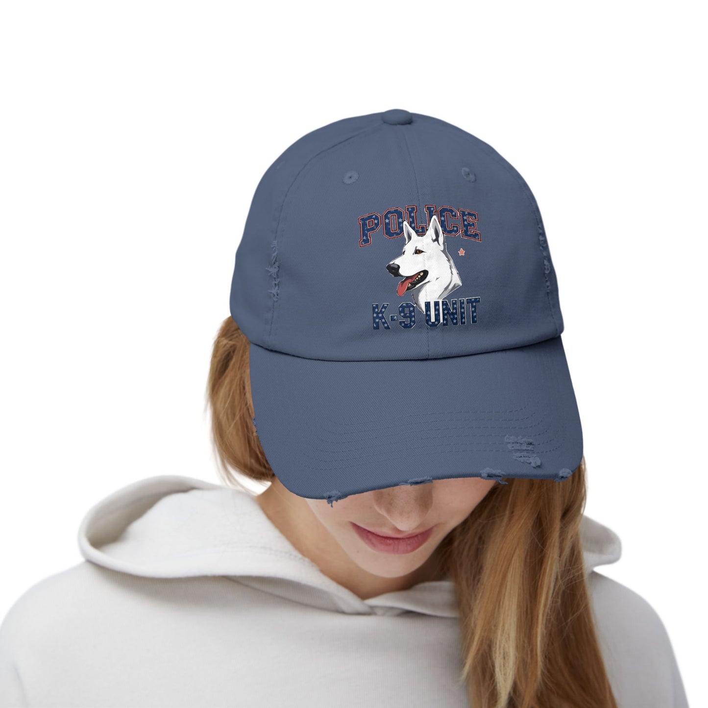 Unisex Distressed Cap with Police K9 Design Featuring German Shepherd, Trendy Dog Lover Hat, Perfect Gift for Police Supporters