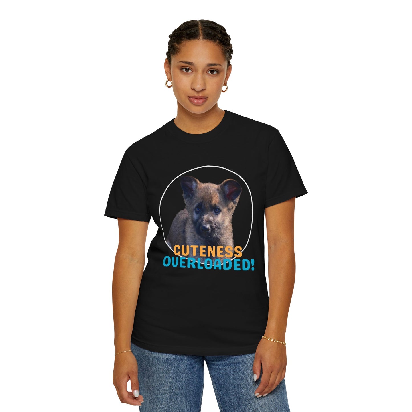 Unisex Dog Lover's T-Shirt With Cute German Shepherd Puppy and Caption Cuteness Overloaded