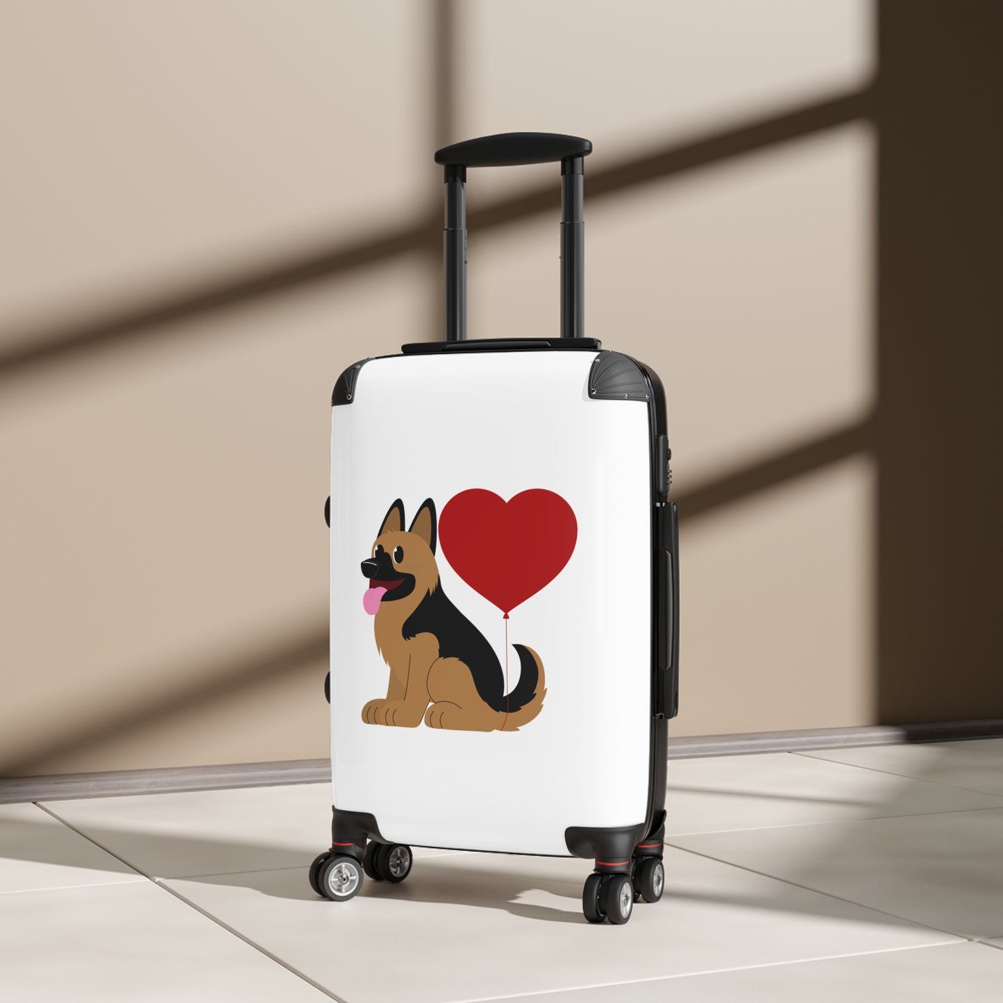 Dog Lover's Suitcase Featuring Graphic of a German Shepherd Puppy and Heart Shaped Balloon Attached to Tail