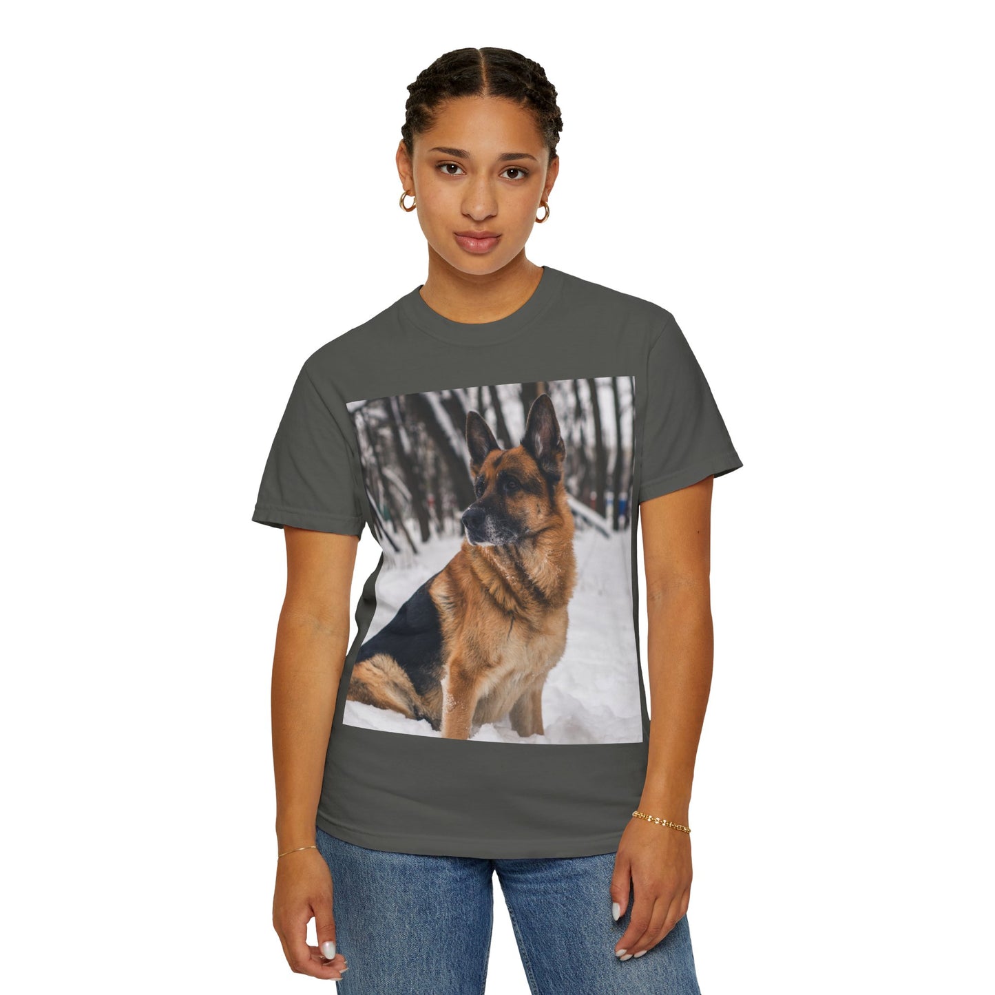 Unisex Dog Lovers T-Shirt Featuring a Beautiful German Shepherd Sloppily Sitting on the Snow