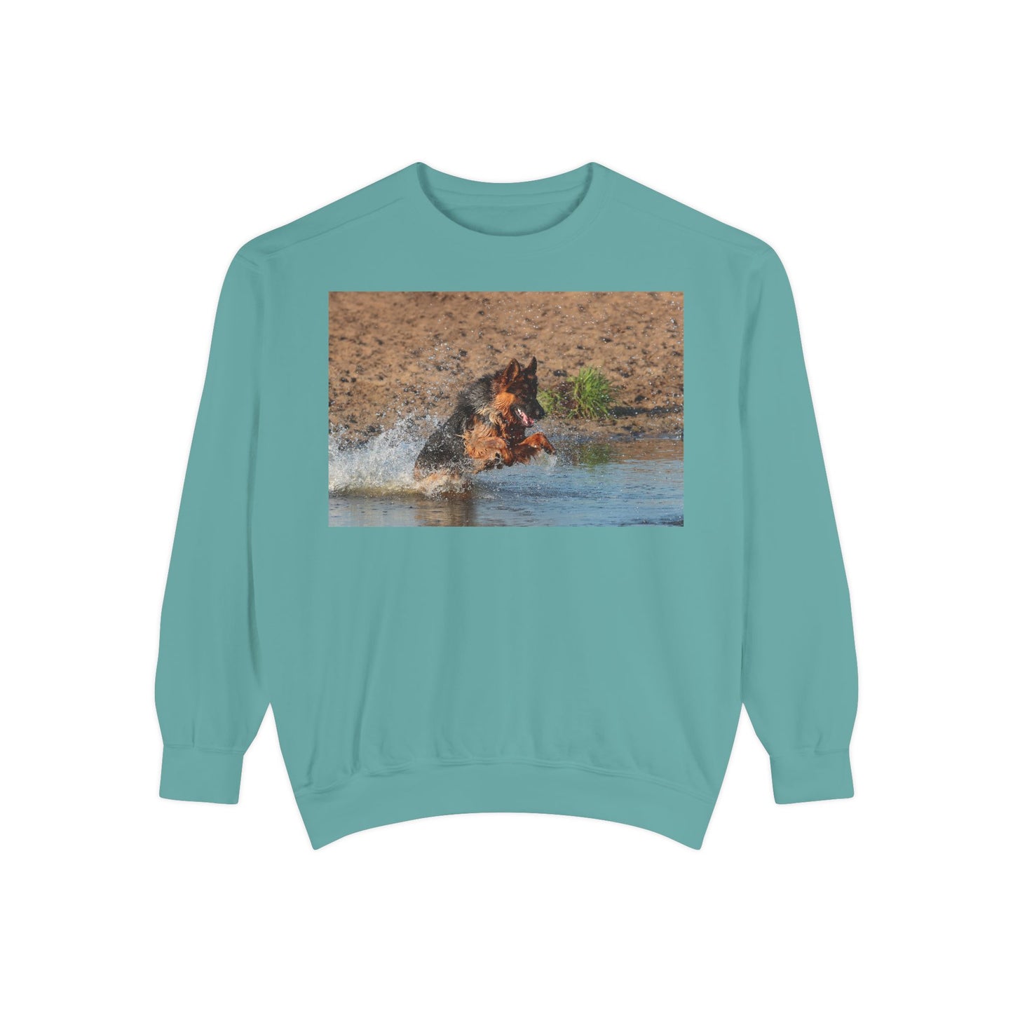 Unisex Dog Lover Sweatshirt With a Long Coat German Shepherd Jumps in the River