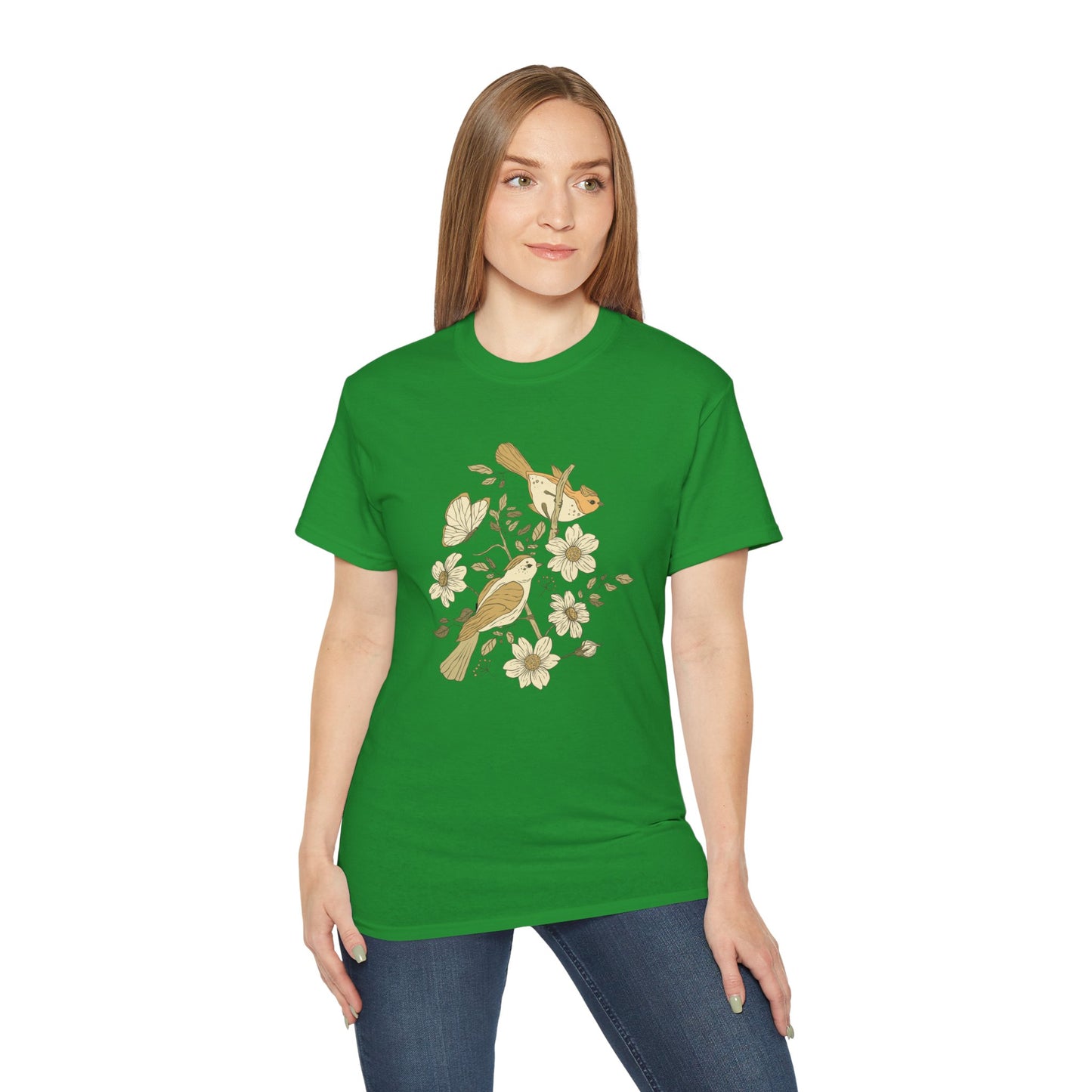 Nature-Inspired Unisex Tee, Floral Bird Print T-Shirt, Gift for Nature Lovers, Spring Fashion, Eco-Friendly Casual Wear