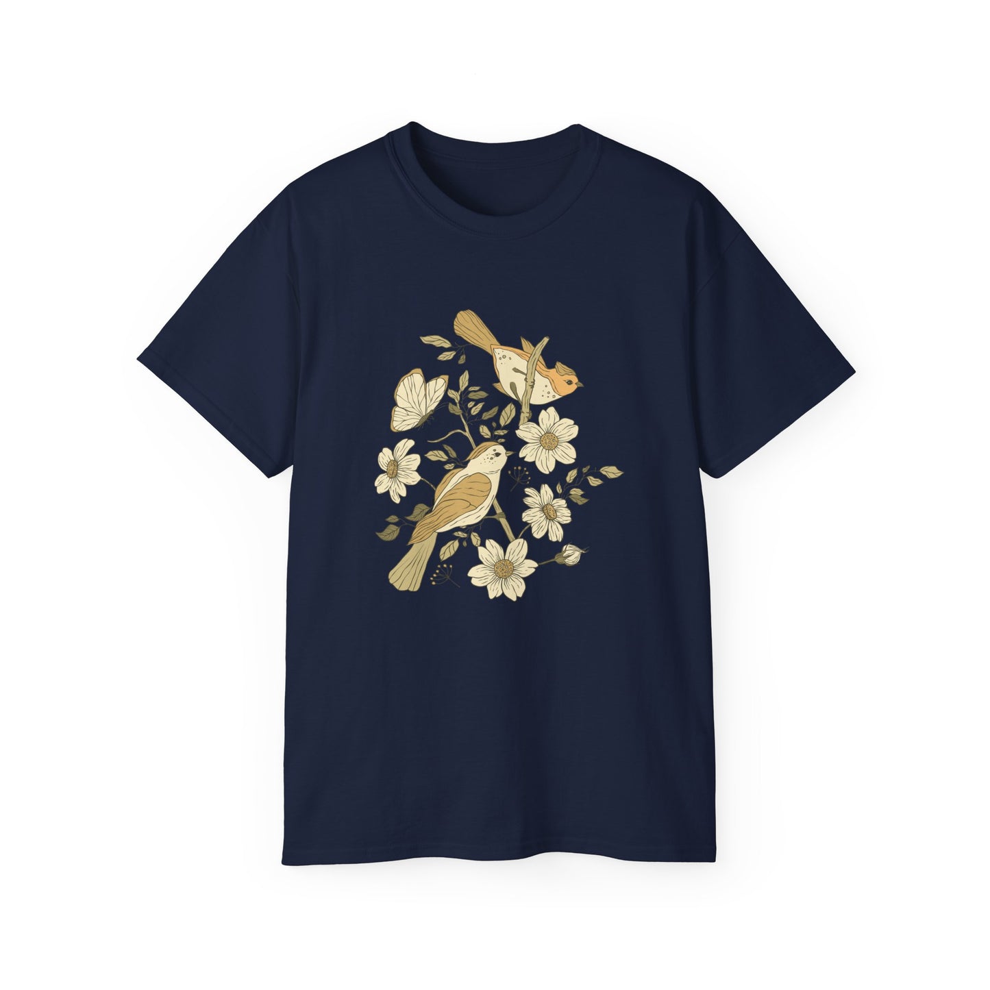 Nature-Inspired Unisex Tee, Floral Bird Print T-Shirt, Gift for Nature Lovers, Spring Fashion, Eco-Friendly Casual Wear