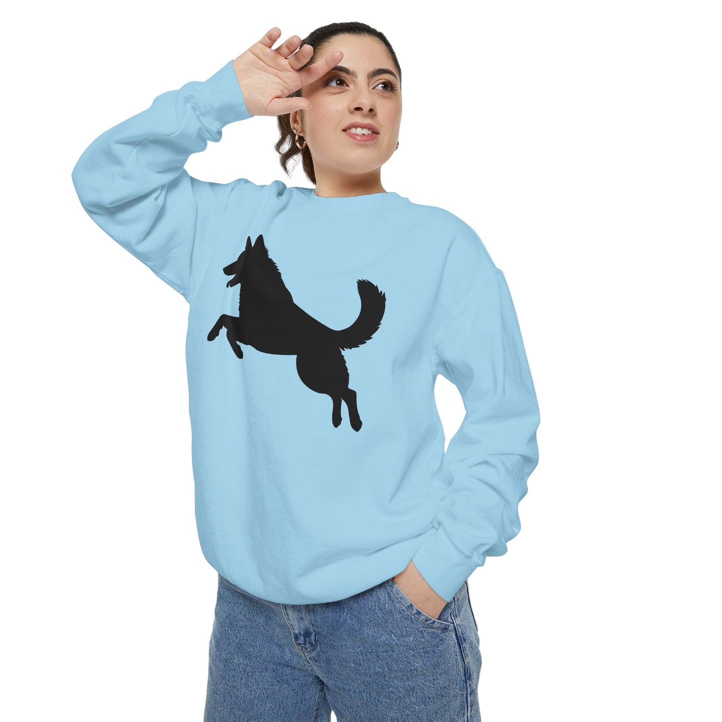 Unisex Dog Lover Sweatshirt With a Graphic of Solid Black German Shepherd Jumping in the Air