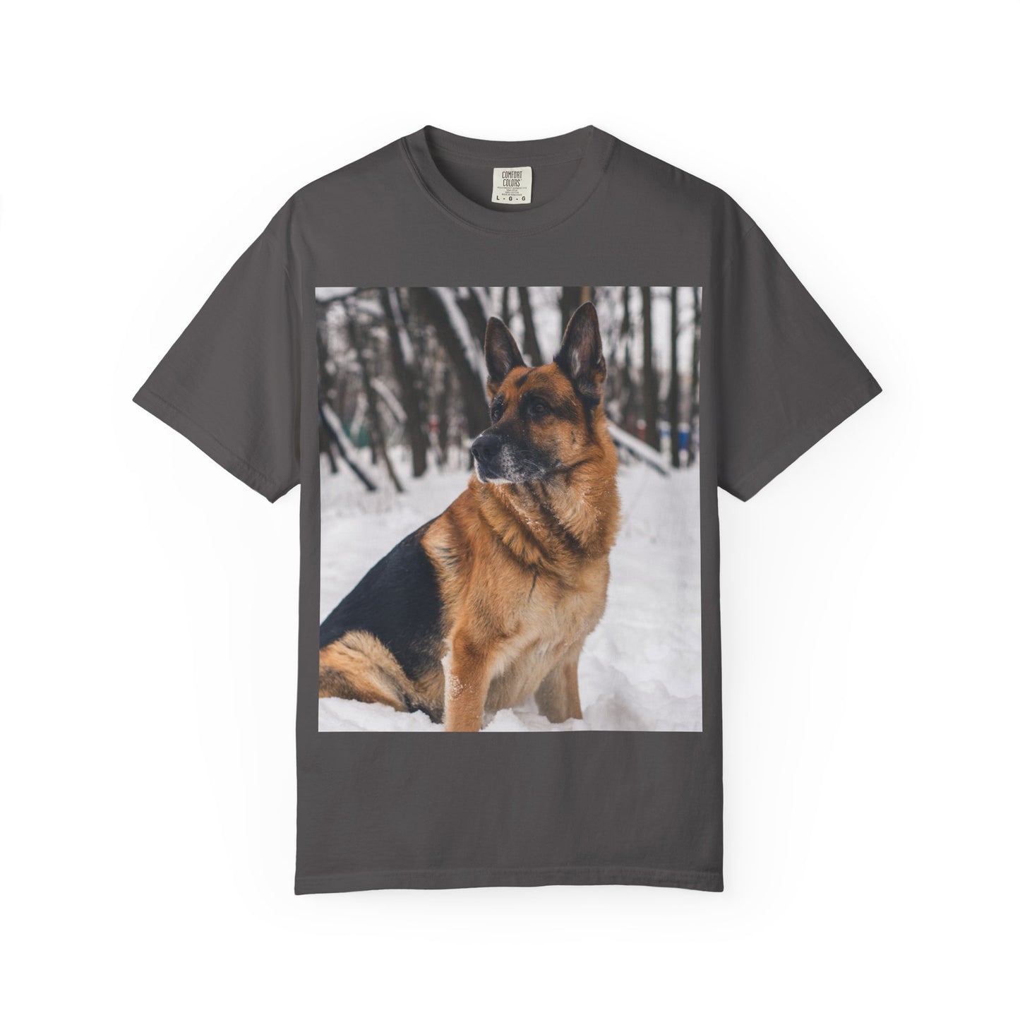 Unisex Dog Lovers T-Shirt Featuring a Beautiful German Shepherd Sloppily Sitting on the Snow