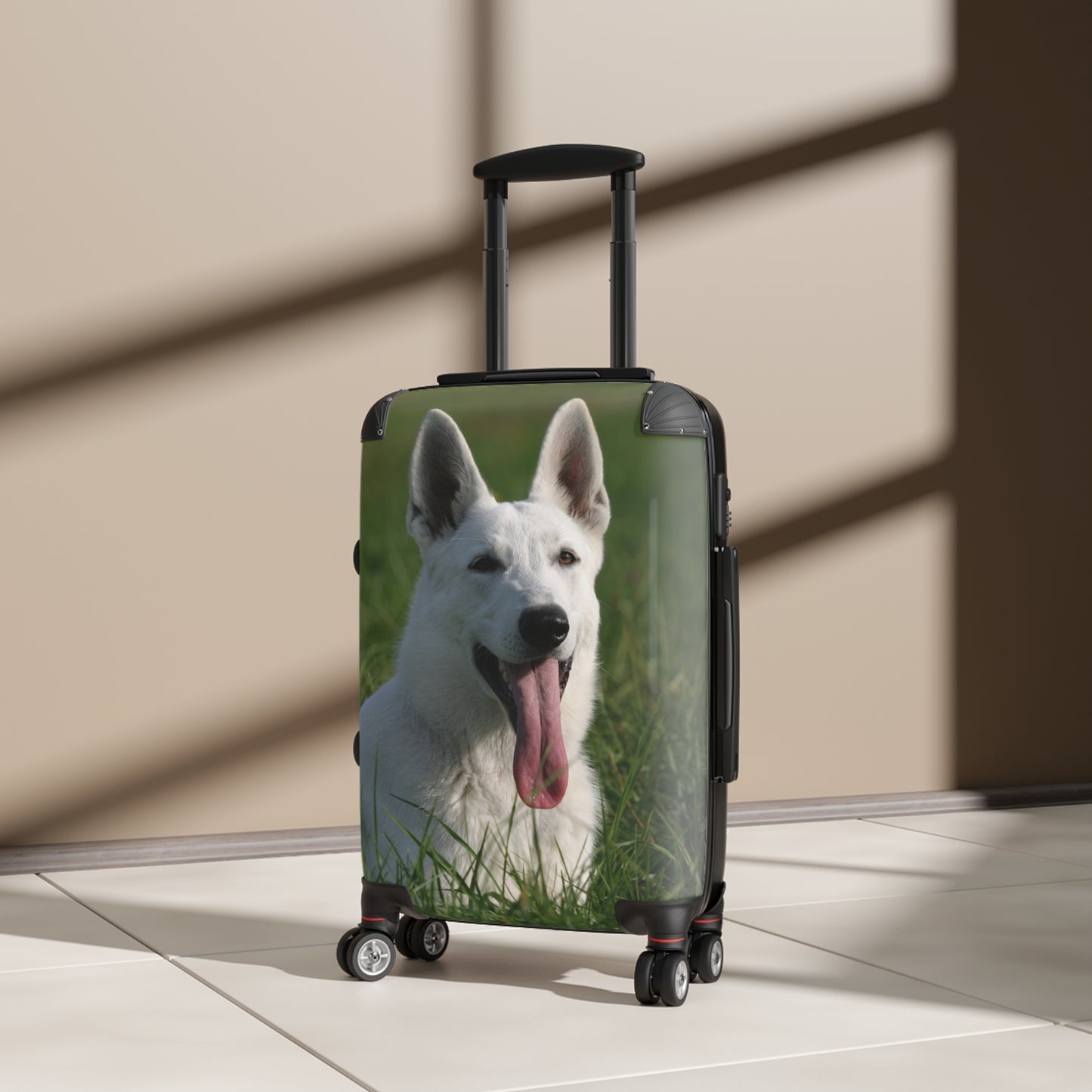 Dog Lovers Suitcase Featuring a White German Shepherd Resting On Grass Leaving Tongue Out