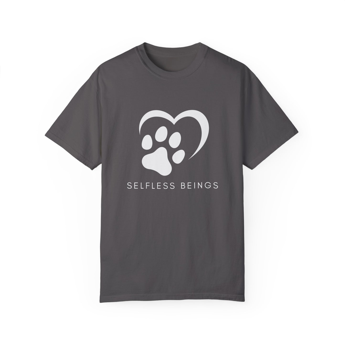 Unisex Dog Lover T-Shirt With Graphic of Half Heart and Dog Paw Print and Caption Selfless Beings Below
