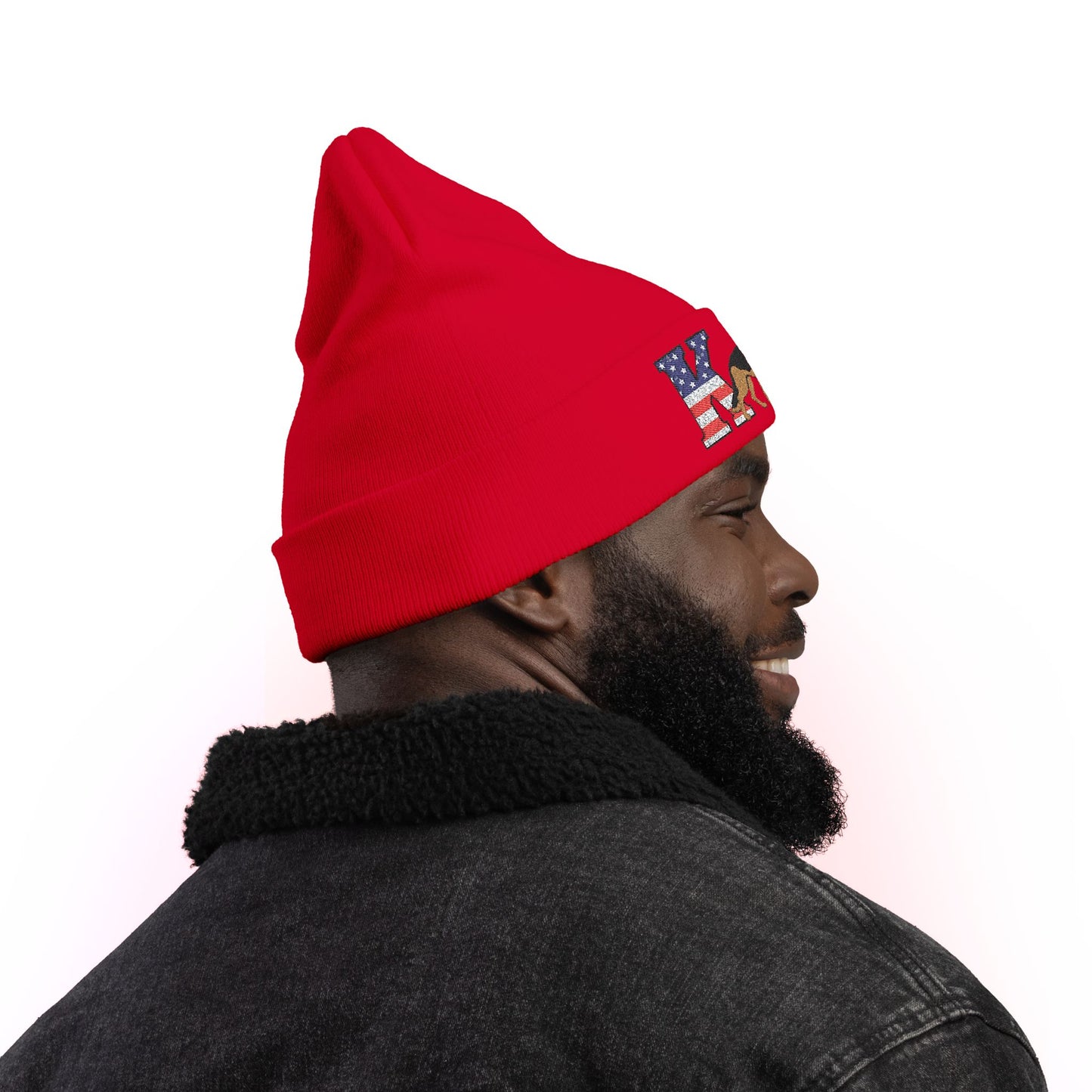 Embroidered K9 American Flag Beanie Featuring a German Shepherd | Patriotic Knit Hat, Memorial Day Cap