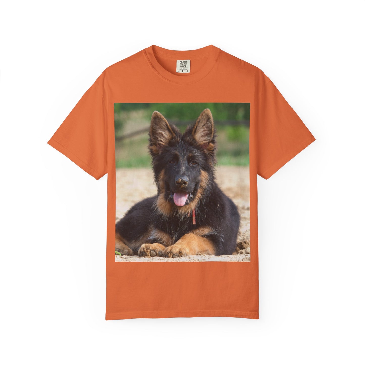 Unisex Dog Lover T-Shirt Featuring Photo of Stunning German Shepherd Puppy Resting on the Sand