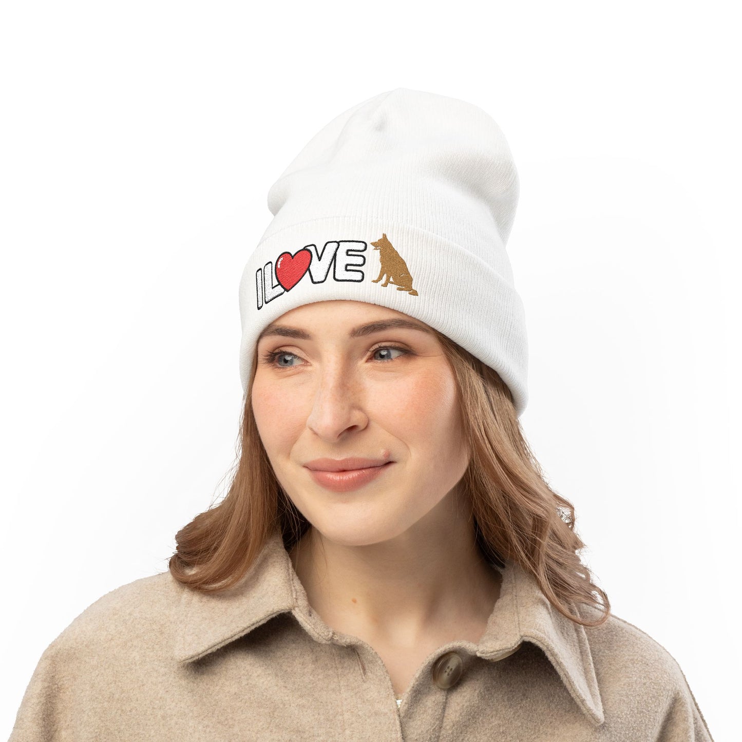Cozy Dog Lover Knit Beanie with Embroidery - I Love German Shepherd, Winter Hat