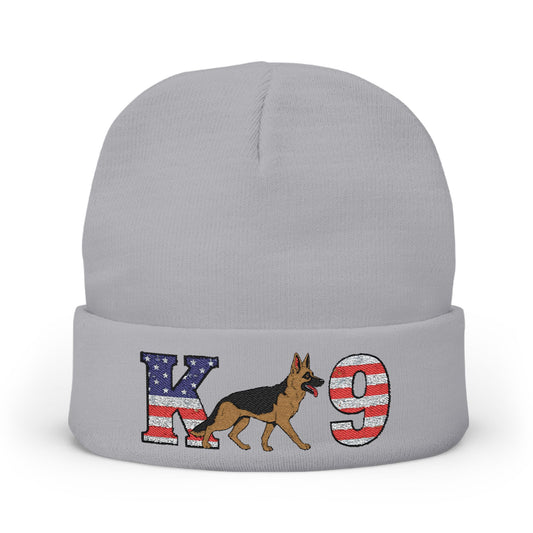 Embroidered K9 American Flag Beanie Featuring a German Shepherd | Patriotic Knit Hat, Memorial Day Cap