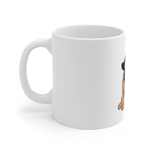 White 11oz Ceramic Dog Lover Cup With a Graphic of Cute German Shepherd Puppy Looking Upward