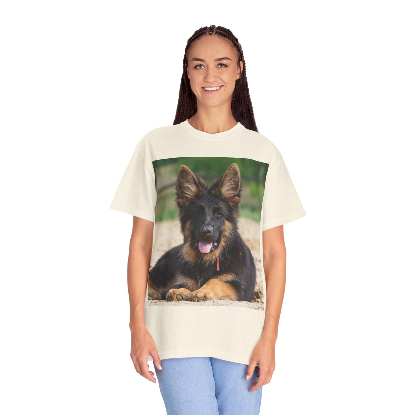 Unisex Dog Lover T-Shirt Featuring Photo of Stunning German Shepherd Puppy Resting on the Sand