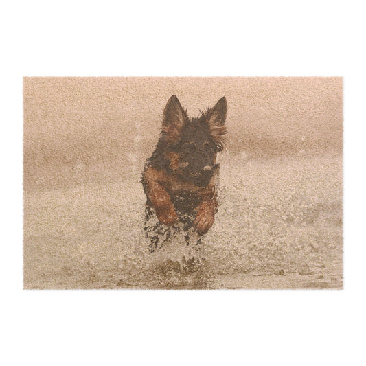 Dog Lover Doormat Featuring a Stunning German Shepherd Puppy Jumping in the Water