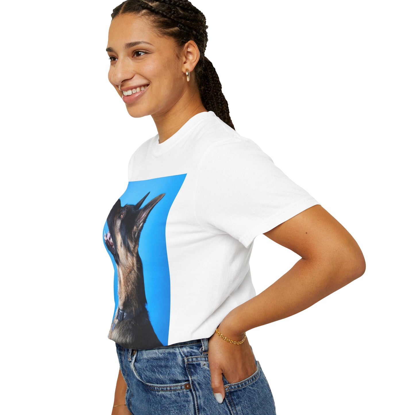 Unisex Dog Lover T-Shirt With Close Up Portrait of German Shepherd from Side Angle, Having Blue Background and Caption Selfless Beings