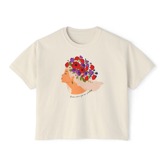 Women's Floral Boxy Tee - Bloom Where You're Planted, Casual T-Shirt, Spring Fashion, Gift for Her, Boho Style, Flower Graphic Tee