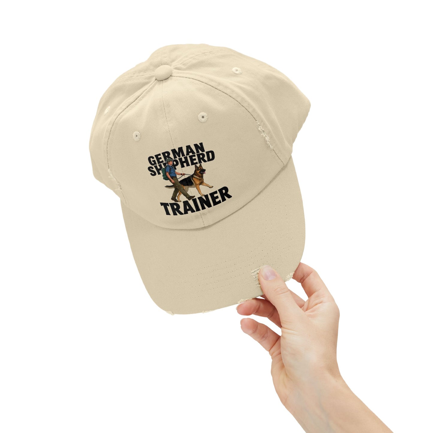 Unisex Distressed Cap Featuring a Trainer Leading German Shepherd, Dog Trainer Gift