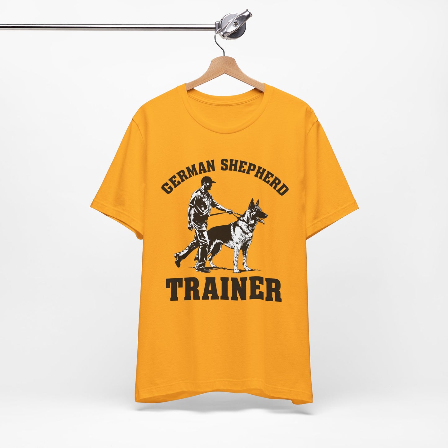 German Shepherd Trainer Tee - Black and White Design of Man Holding a German Shepherd
