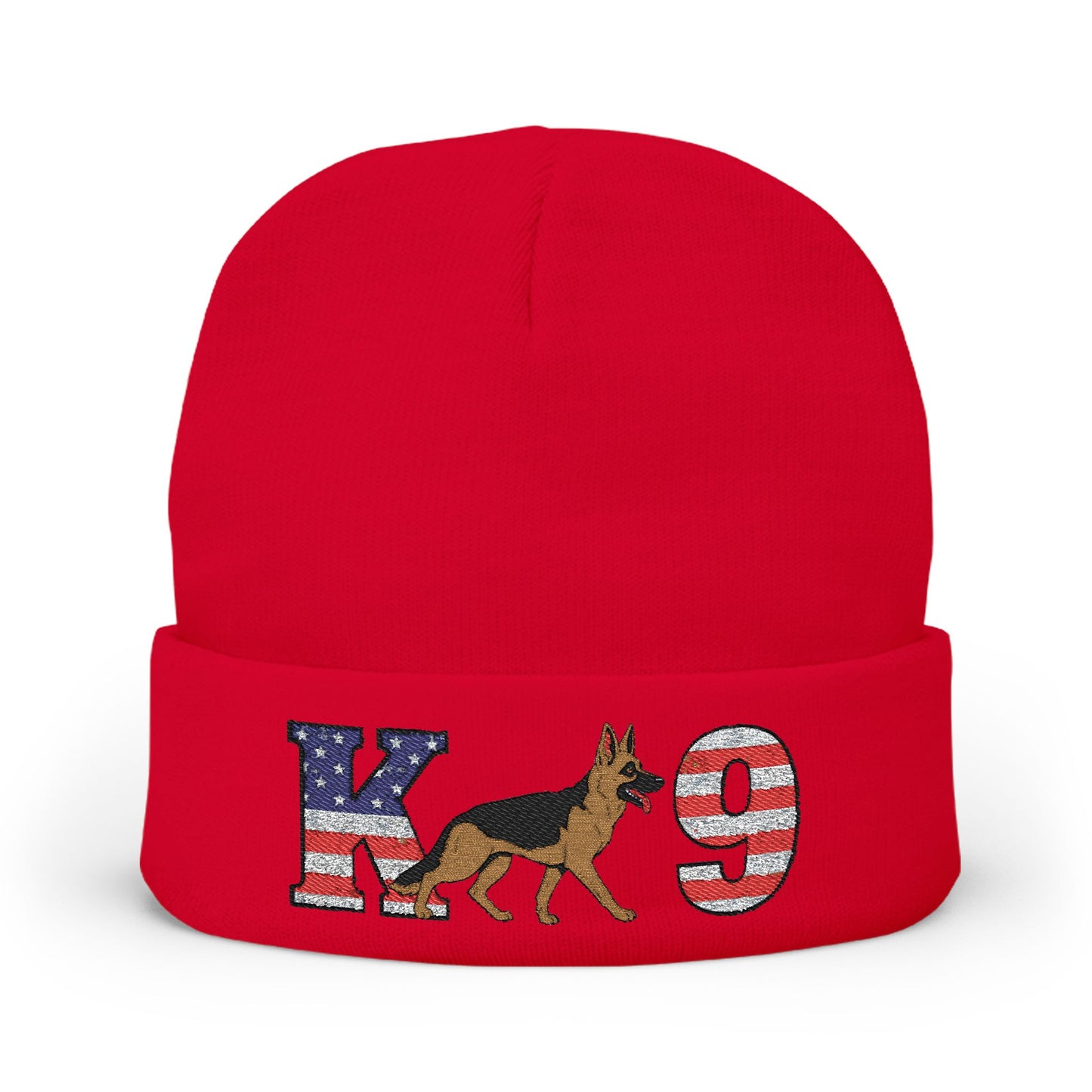 Embroidered K9 American Flag Beanie Featuring a German Shepherd | Patriotic Knit Hat, Memorial Day Cap
