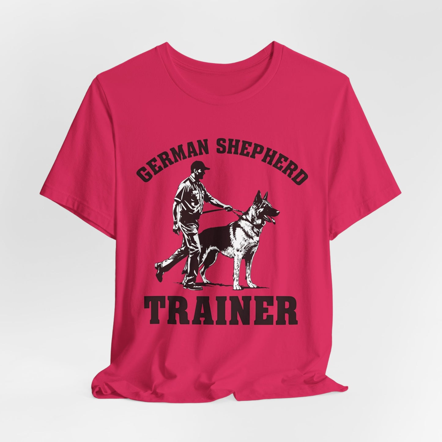 German Shepherd Trainer Tee - Black and White Design of Man Holding a German Shepherd