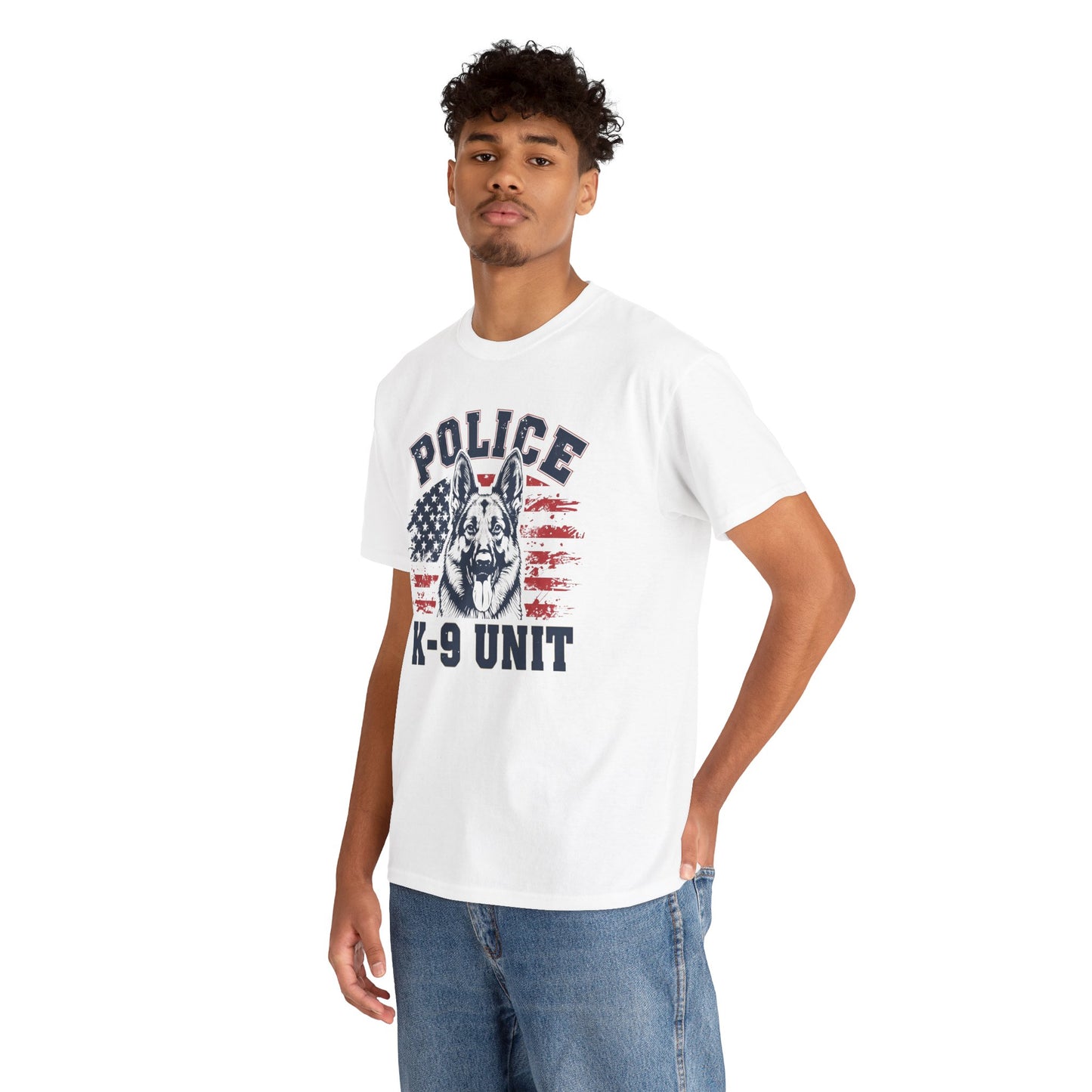 Patriotic Police K-9 Unit T-Shirt With American Flag in Background, Unisex Heavy Cotton Tee