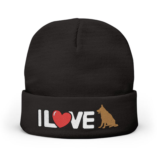 Cozy Dog Lover Knit Beanie with Embroidery - I Love German Shepherd, Winter Hat