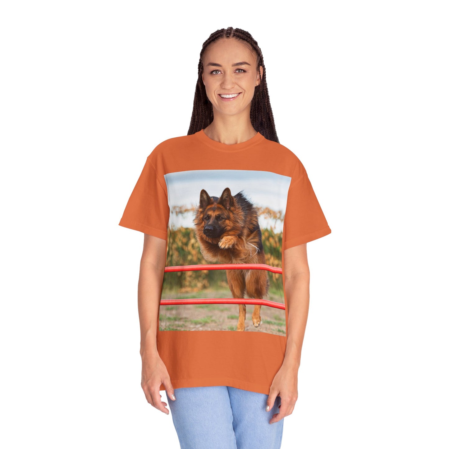 Dog Lover Unisex T-Shirt  Featuring Photograph of Showline German Shepherd Jumping Agility Fence